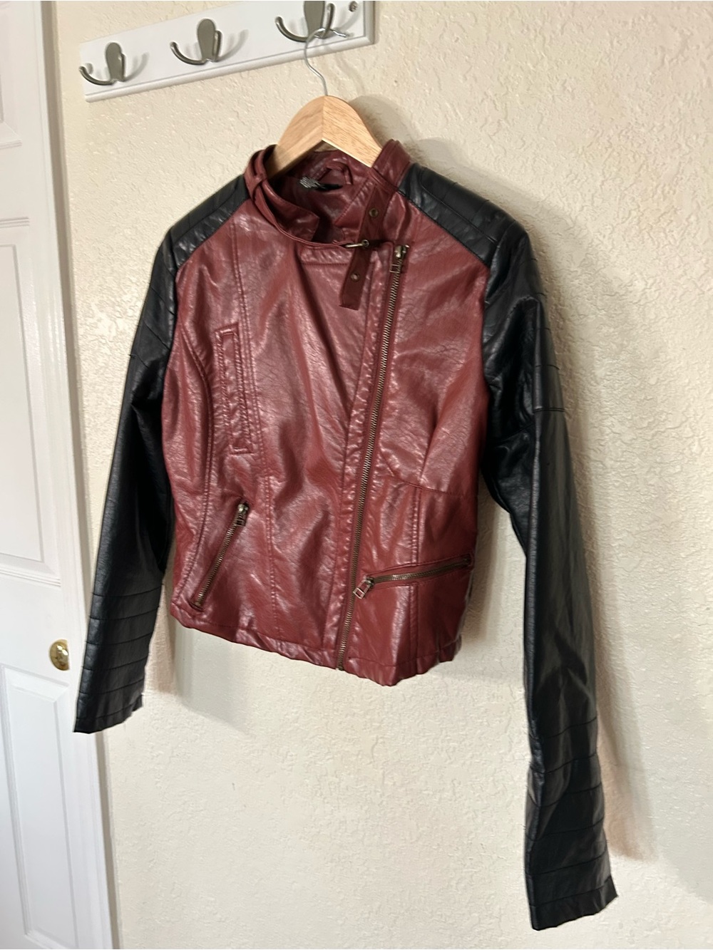 Rue21 Burgundy and Black Faux Leather Moto Jacket